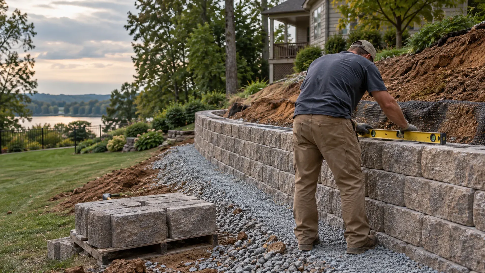 A crew member seen from behind leveling a course of segmental block on a compacted gravel base, a new retaining wall rising along a sloped backyard. A crew member seen from behind leveling a course of segmental block on a compacted gravel base, a new retaining wall rising along a sloped backyard.