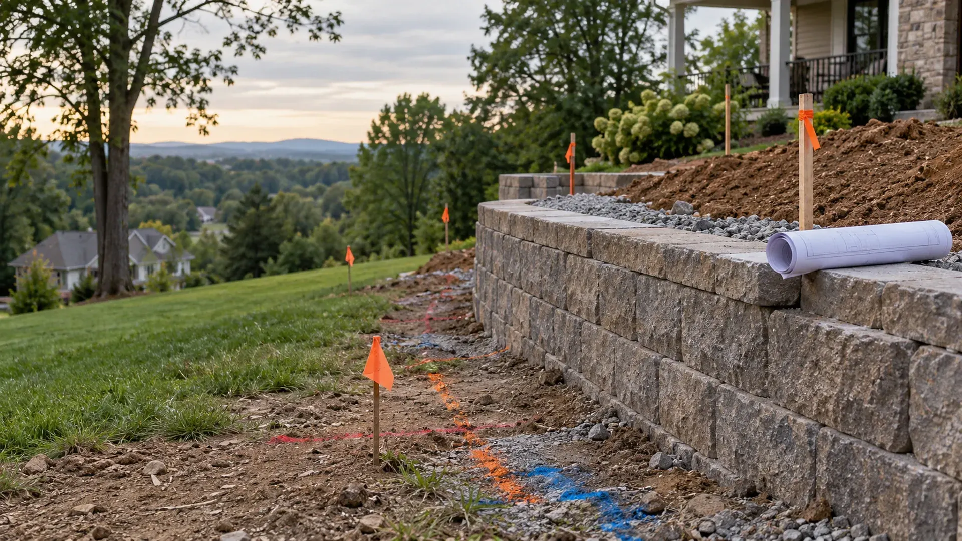 A partially built retaining wall with survey stakes, orange marking flags and colored utility paint marks on the ground in front, a rolled set of blank construction plans resting on the cap course. A partially built retaining wall with survey stakes, orange marking flags and colored utility paint marks on the ground in front, a rolled set of blank construction plans resting on the cap course.