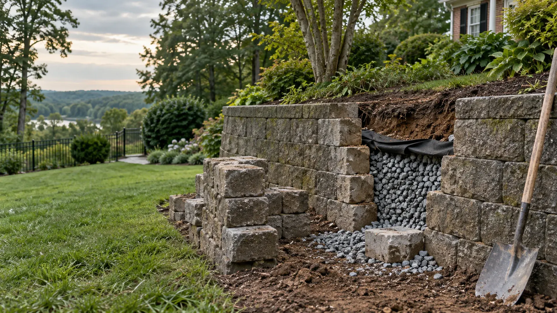 An older block retaining wall with one section carefully dismantled for repair, blocks stacked neatly beside it, drainage gravel visible behind the opening.