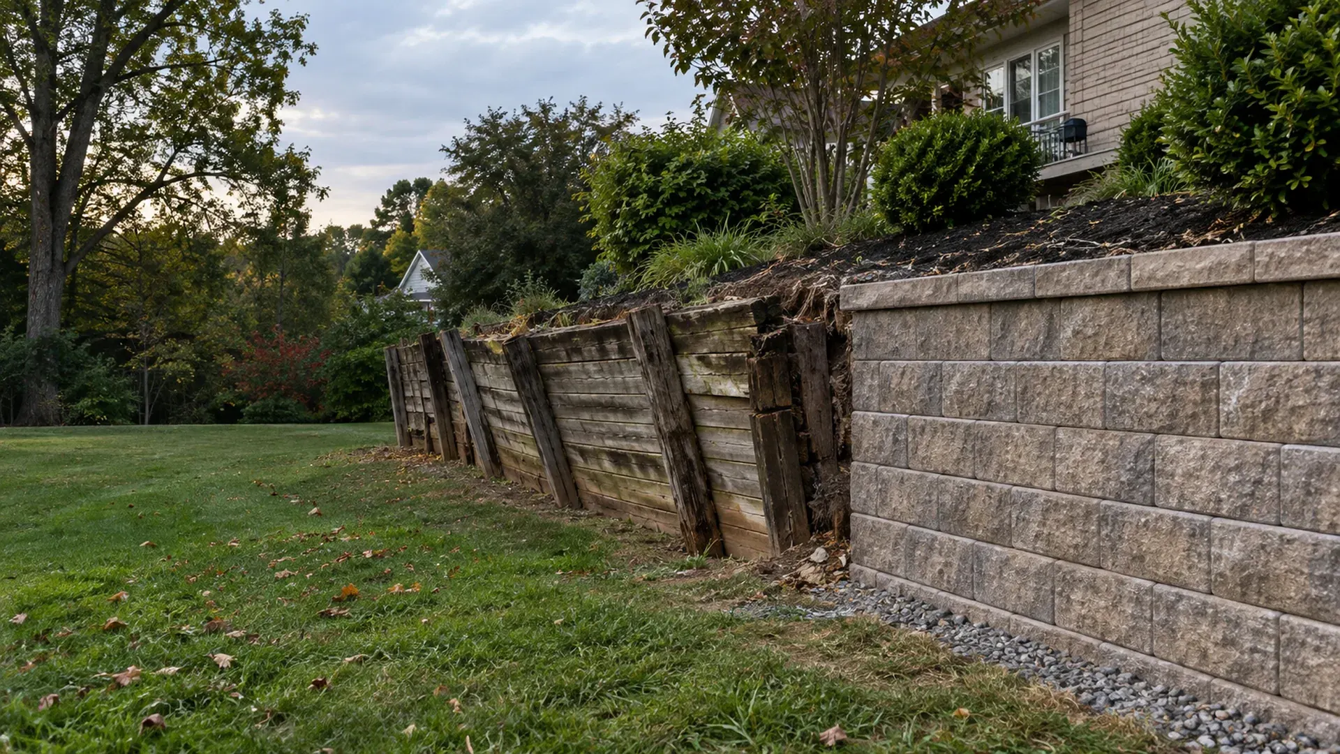 A failing leaning timber retaining wall on the left of the frame beside a newly built straight segmental block wall on the right continuing the same line.
