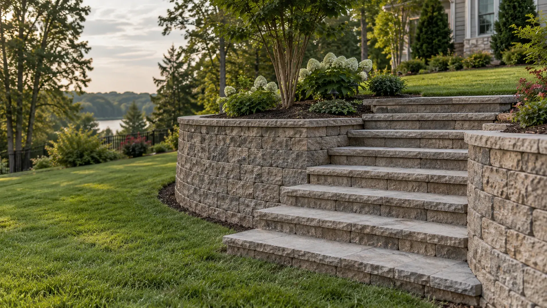 A flight of wide block steps built into a curved segmental retaining wall, even risers, stone treads, leading up to a level lawn.