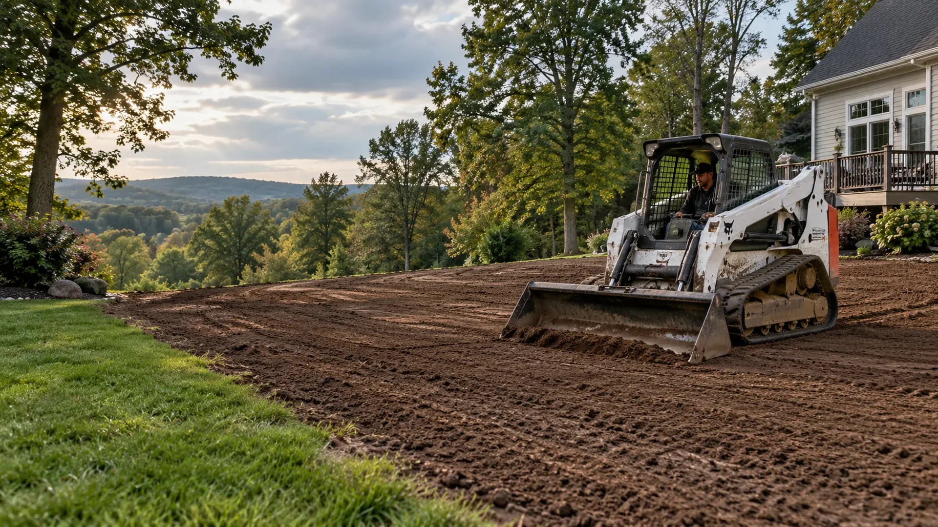 A skid steer grading a smooth freshly leveled backyard sloping gently away from a house, topsoil raked and ready for seed. A skid steer grading a smooth freshly leveled backyard sloping gently away from a house, topsoil raked and ready for seed.
