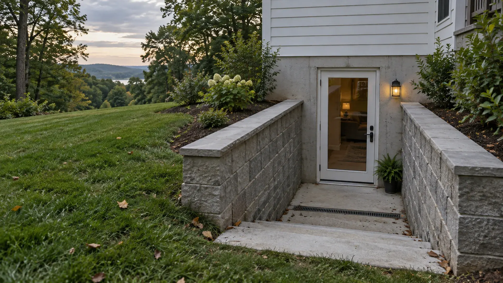 A walkout basement entrance framed by two concrete block retaining walls stepping down to a glass door, a landing with a drain grate.