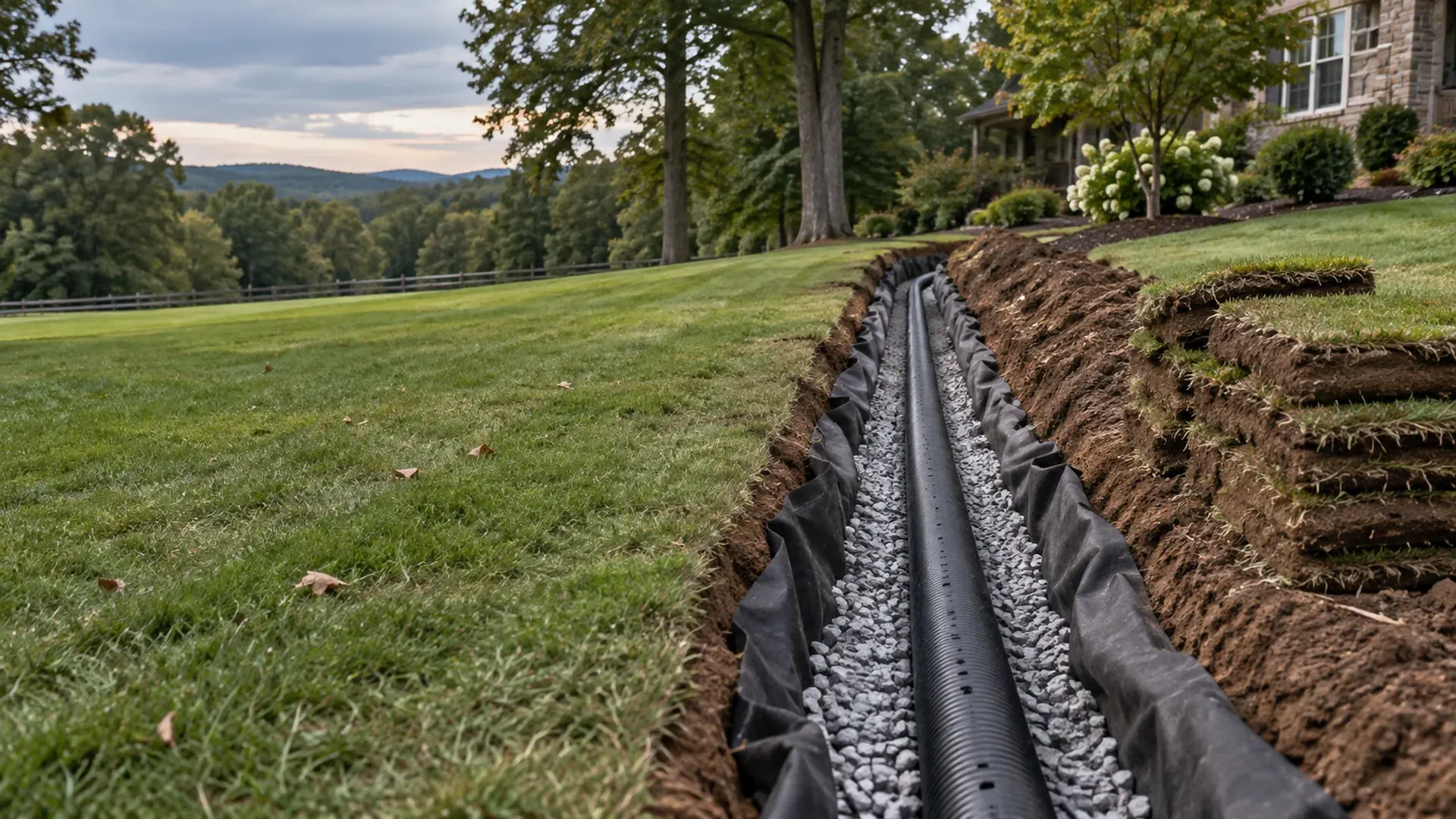 An open French drain trench across a lawn with washed gravel, filter fabric and a perforated pipe, neatly cut sod stacked beside it.