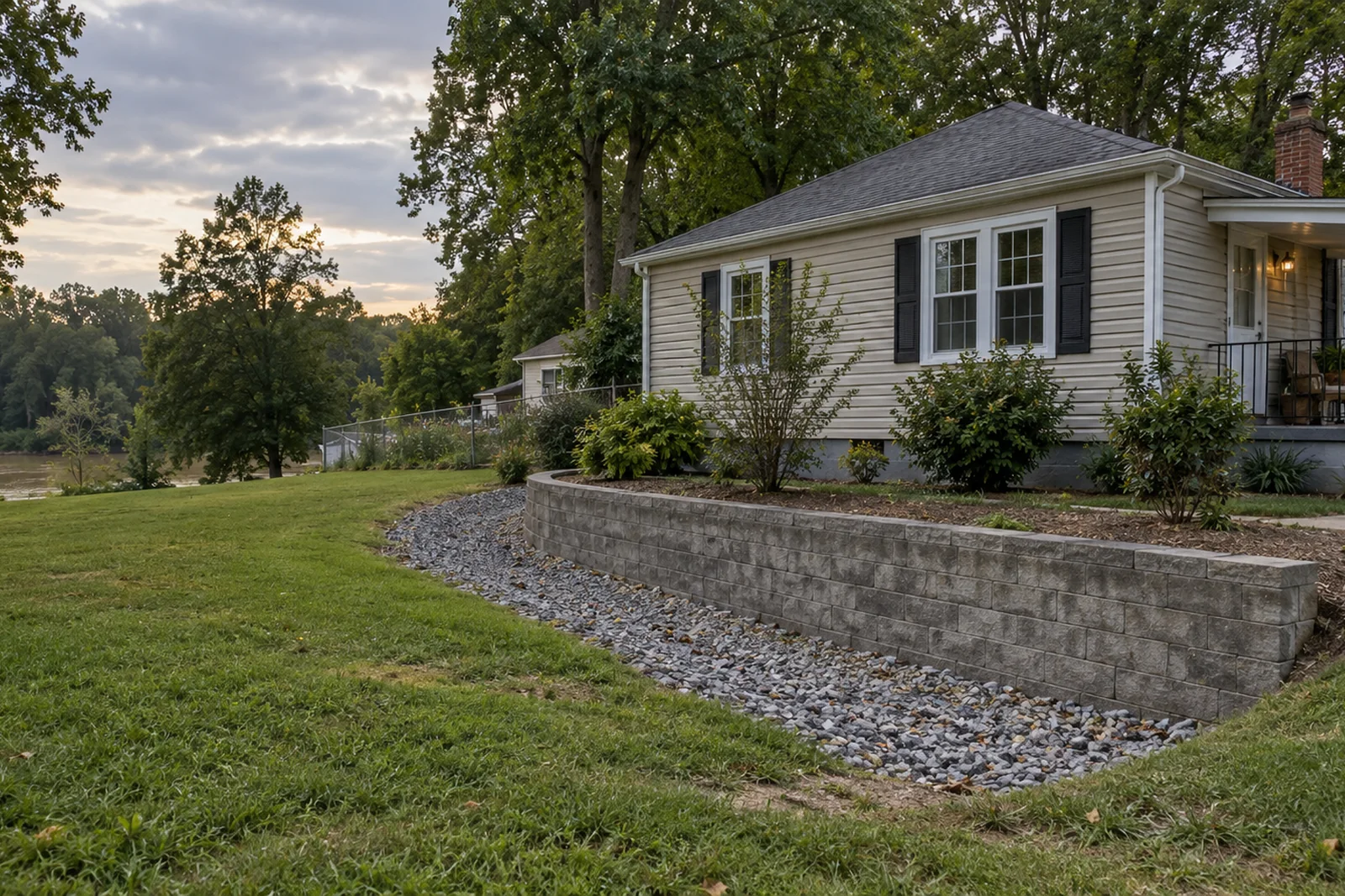 A modest home in Bensley, Virginia on low ground with a repaired block retaining wall and a gravel drainage swale in the yard. A modest home in Bensley, Virginia on low ground with a repaired block retaining wall and a gravel drainage swale in the yard.