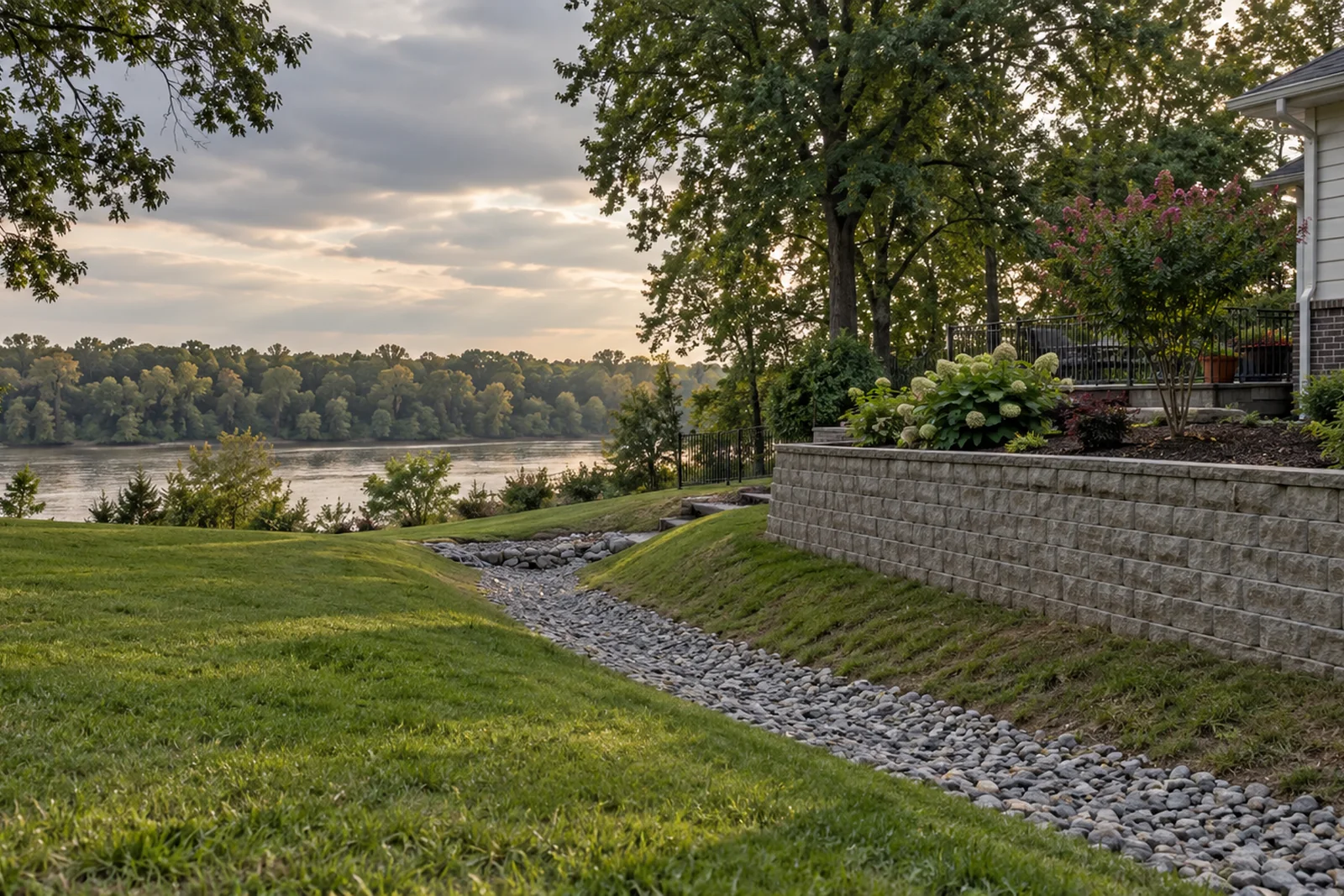 A low-lying yard in Hopewell, Virginia with a block retaining wall and a gravel drainage swale, river trees on the horizon.