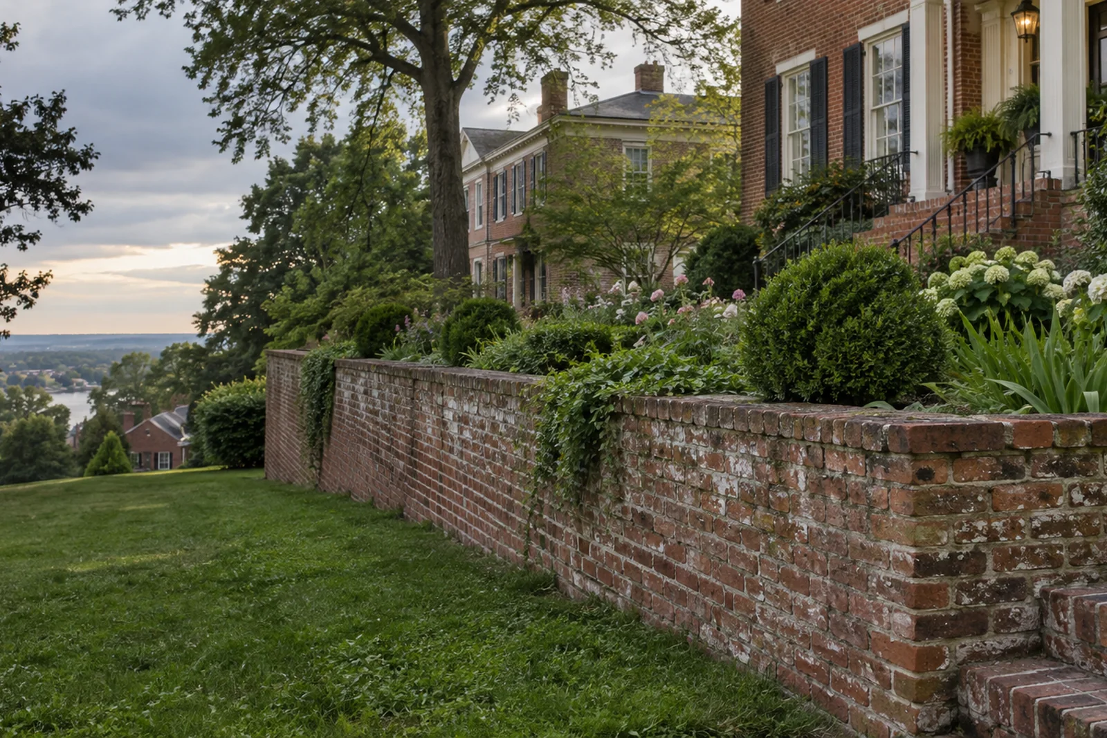 An old brick retaining wall with lime mortar joints in a historic Petersburg, Virginia neighborhood, terraced garden and nineteenth-century brick houses.