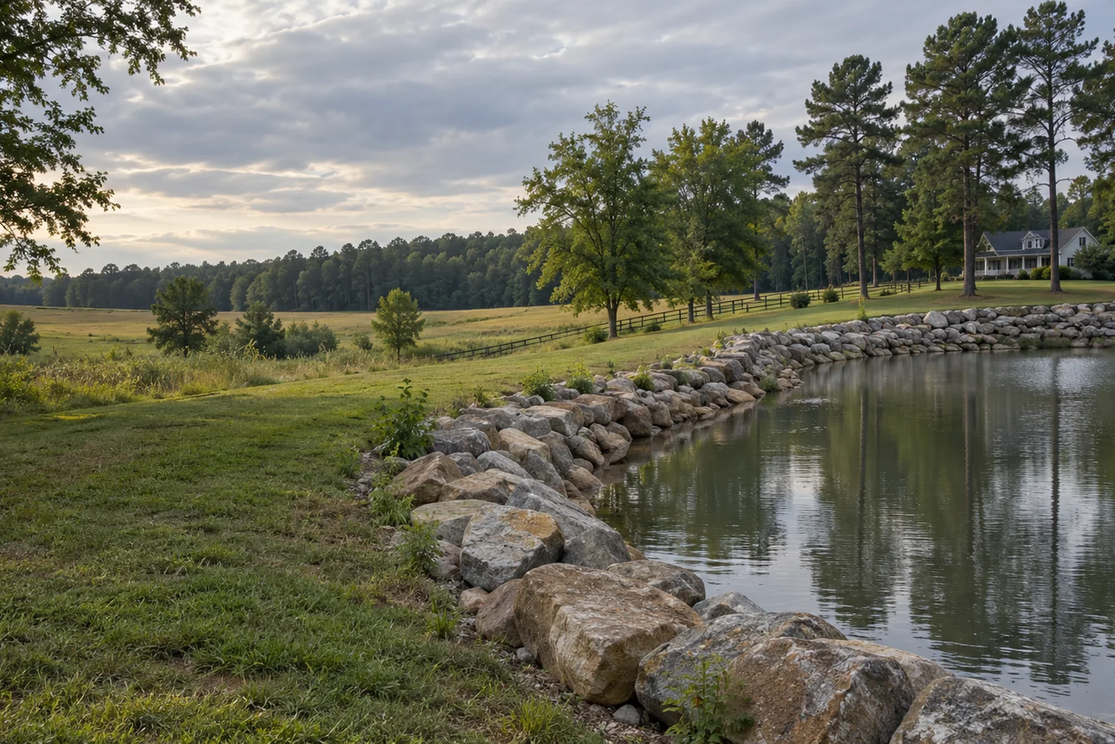 A rural property in Prince George County, Virginia with a boulder retaining wall stabilizing a farm pond bank, open fields and pines.